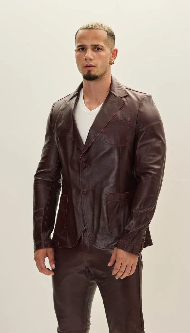 Classic Two - Button Leather Blazer - Wine - Ron Tomson
