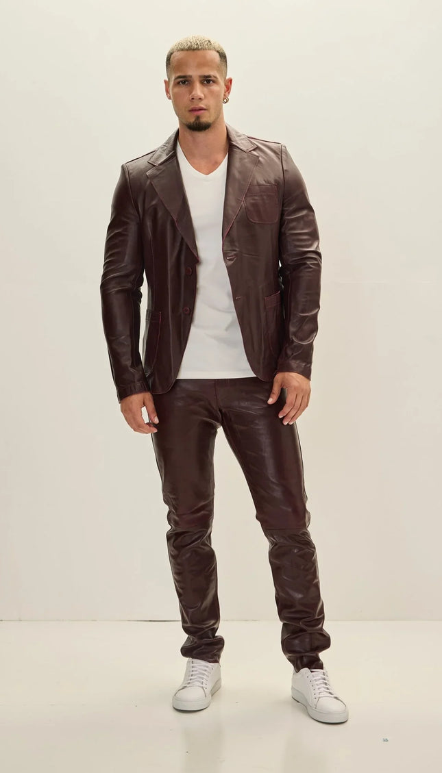 Classic Two - Button Leather Blazer - Wine - Ron Tomson