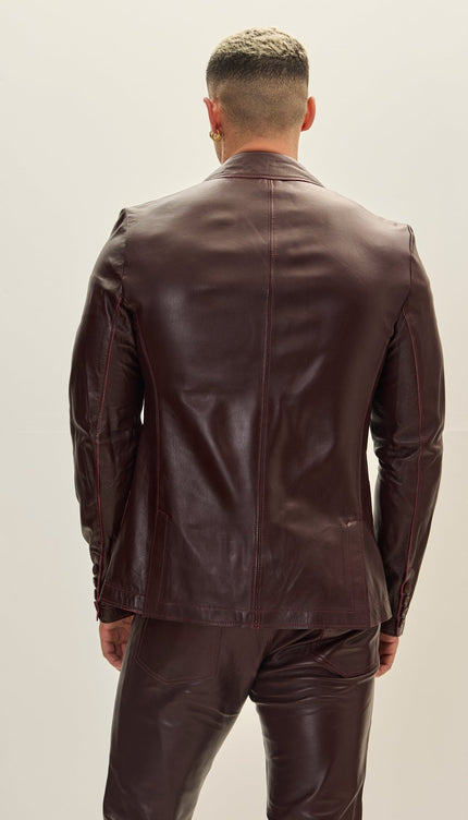 Classic Two - Button Leather Blazer - Wine - Ron Tomson