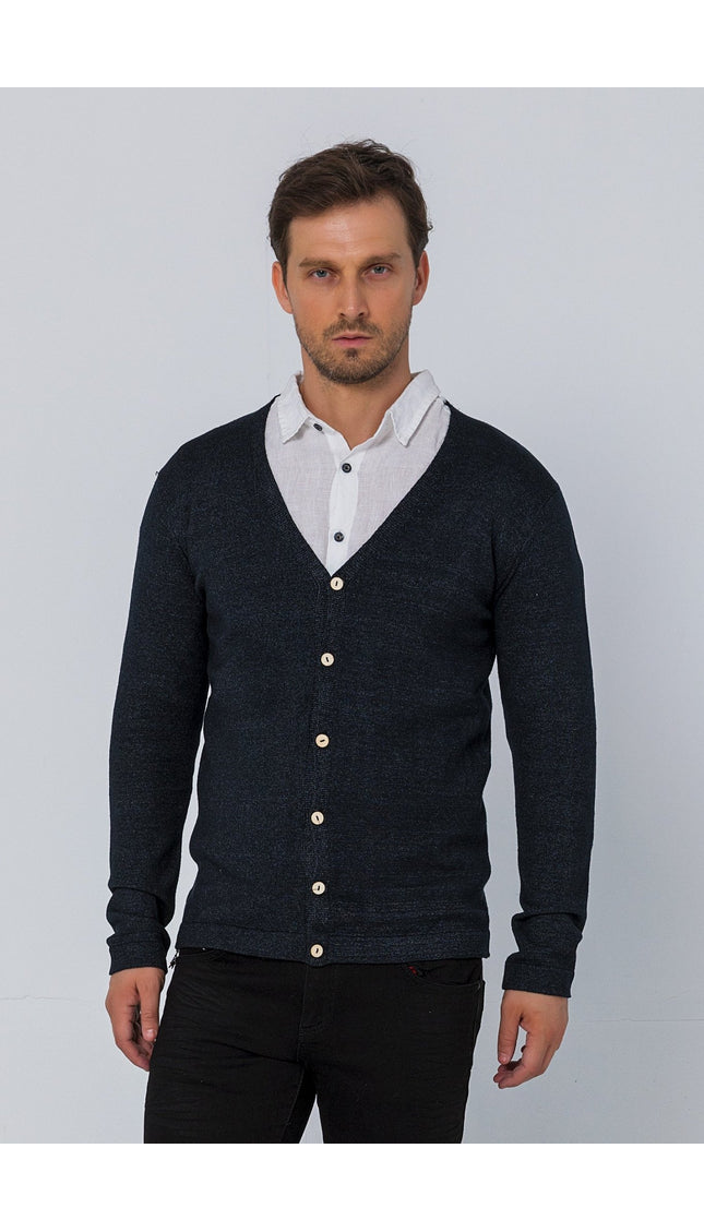 Classic V-neck Button Front Knit Shirt - Anthracite - Ron Tomson