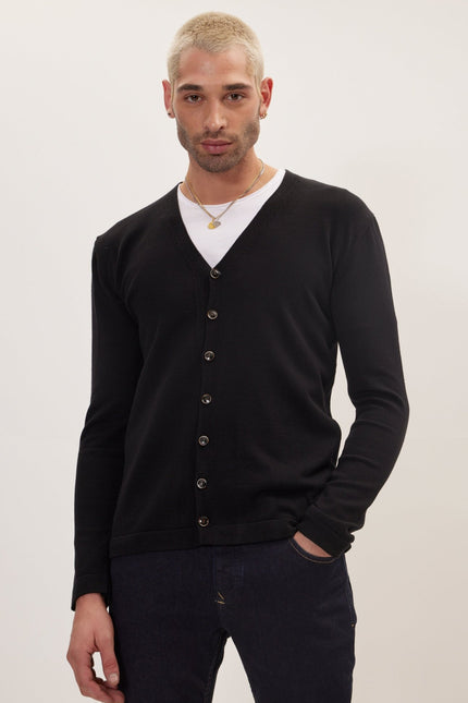 Classic V-neck Button Front Knit Shirt - Black - Ron Tomson