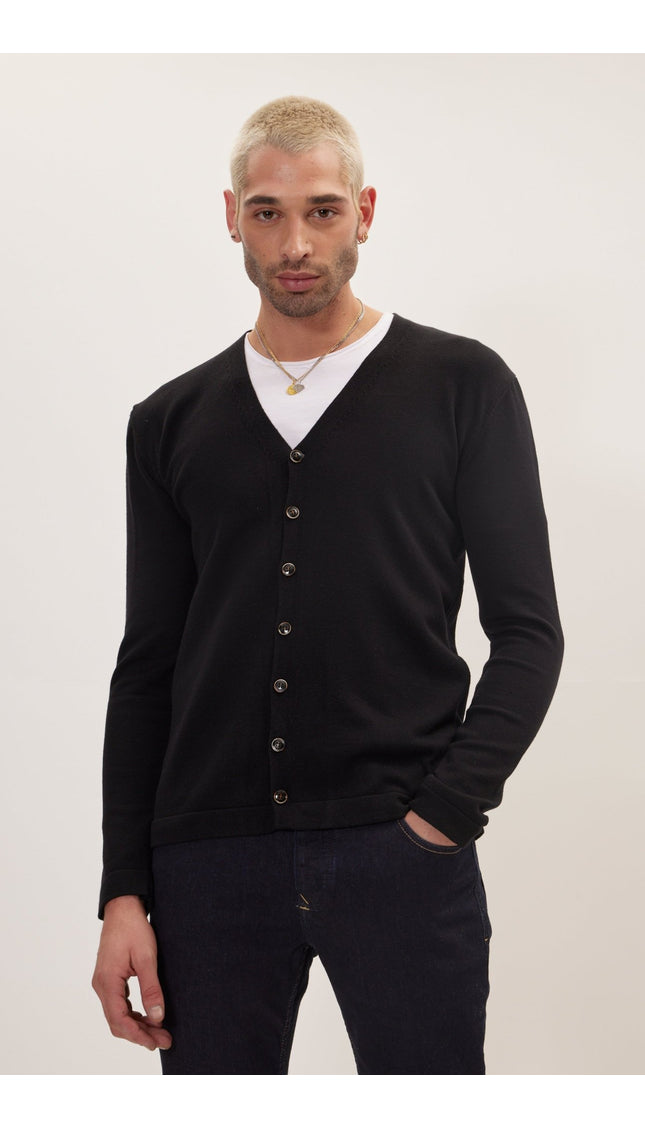 Classic V-neck Button Front Knit Shirt - Black - Ron Tomson