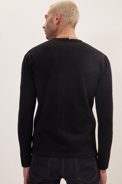 Classic V-neck Button Front Knit Shirt - Black - Ron Tomson