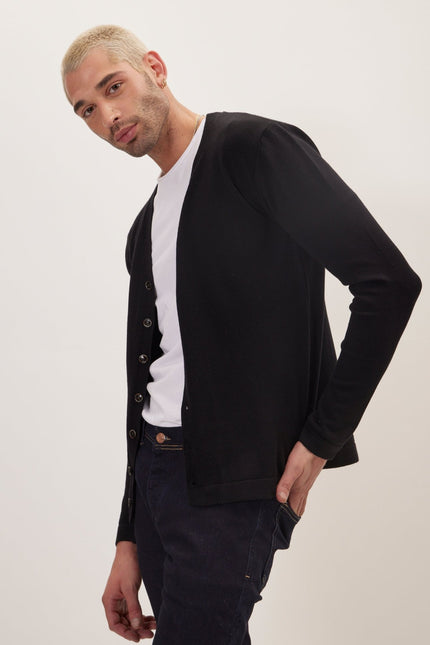 Classic V-neck Button Front Knit Shirt - Black - Ron Tomson