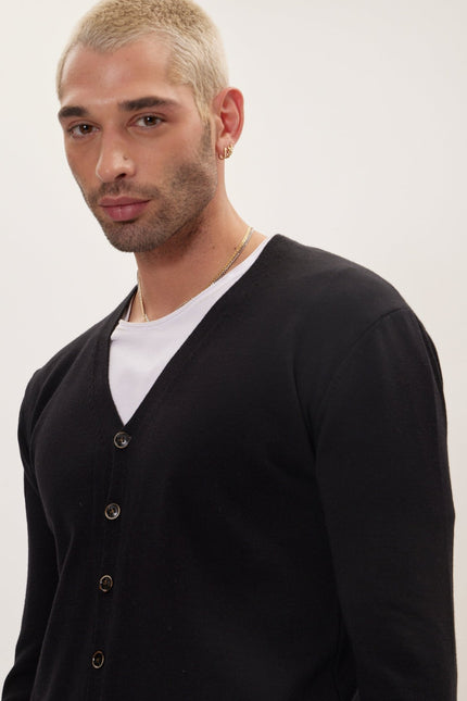 Classic V-neck Button Front Knit Shirt - Black - Ron Tomson