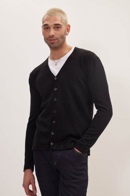 Classic V-neck Button Front Knit Shirt - Black - Ron Tomson