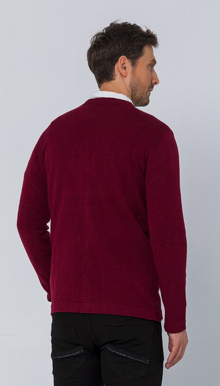 Classic V-neck Button Front Knit Shirt - Burgundy - Ron Tomson