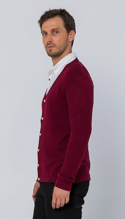 Classic V-neck Button Front Knit Shirt - Burgundy - Ron Tomson