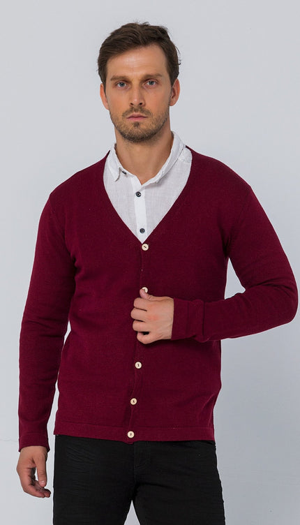 Classic V-neck Button Front Knit Shirt - Burgundy - Ron Tomson