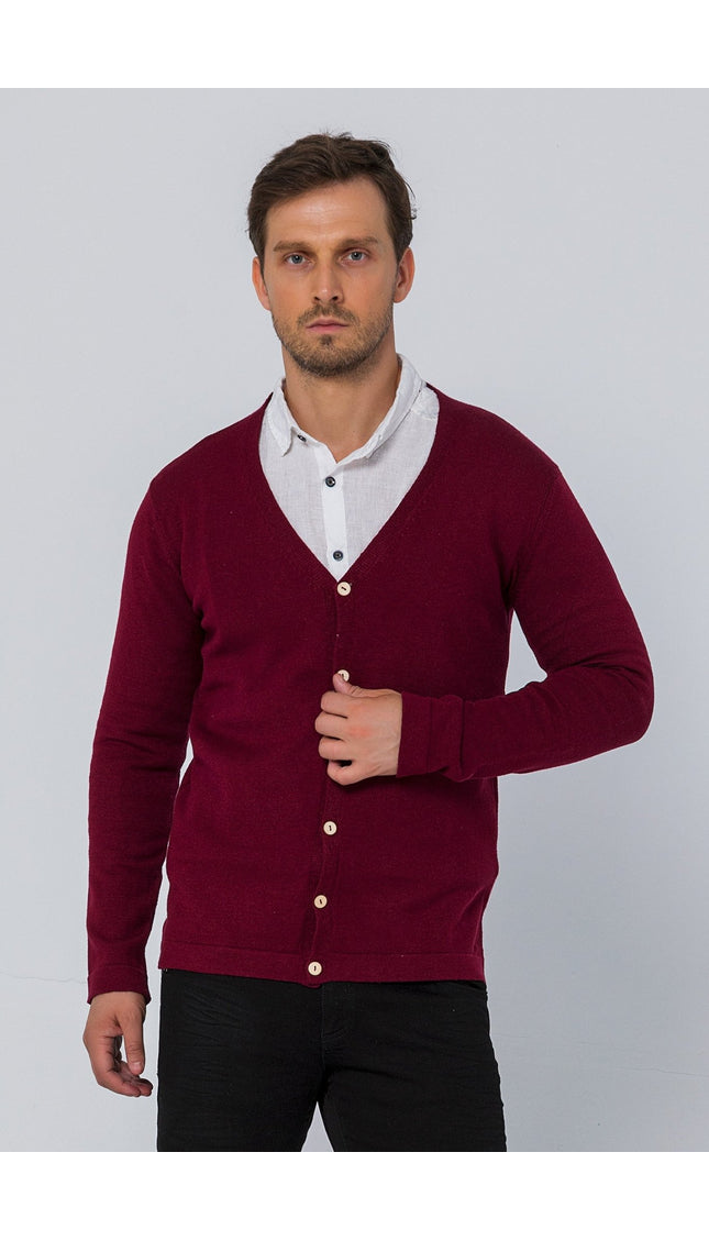 Classic V-neck Button Front Knit Shirt - Burgundy - Ron Tomson