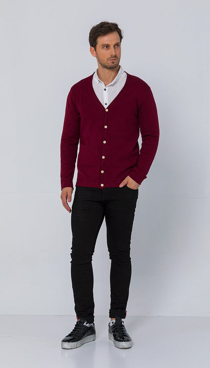 Classic V-neck Button Front Knit Shirt - Burgundy - Ron Tomson