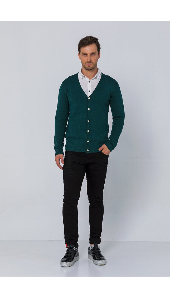 Classic V-neck Button Front Knit Shirt - Green - Ron Tomson