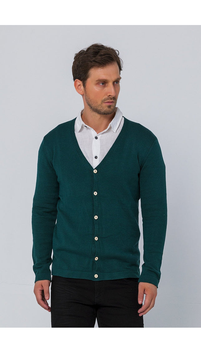 Classic V-neck Button Front Knit Shirt - Green - Ron Tomson