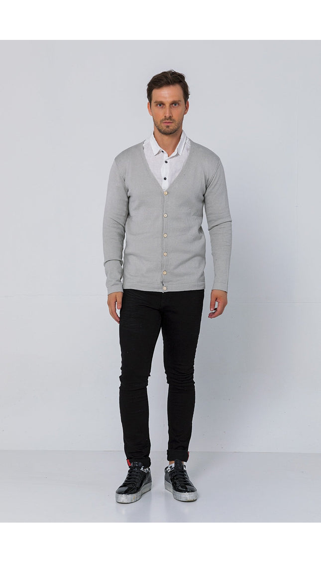 Classic V-neck Button Front Knit Shirt - Grey - Ron Tomson