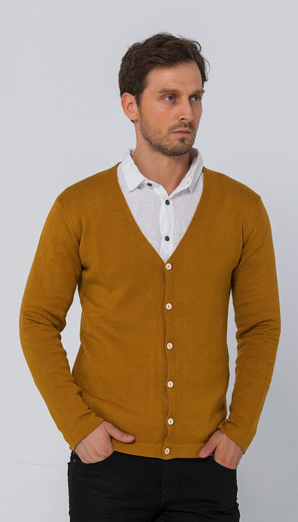 Classic V - neck Button Front Knit Shirt - Mustard - Ron Tomson