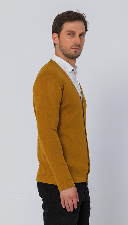 Classic V - neck Button Front Knit Shirt - Mustard - Ron Tomson