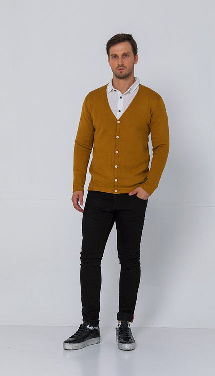 Classic V - neck Button Front Knit Shirt - Mustard - Ron Tomson