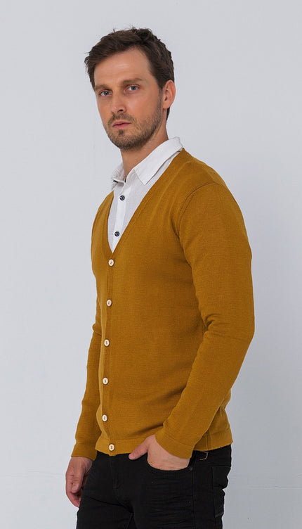 Classic V - neck Button Front Knit Shirt - Mustard - Ron Tomson