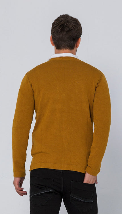 Classic V - neck Button Front Knit Shirt - Mustard - Ron Tomson