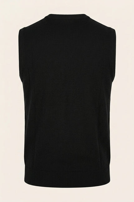 Classic V-Neck Knitted Vest - Black - Back