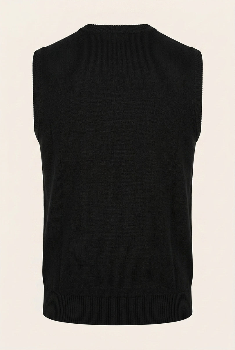 Classic V-Neck Knitted Vest - Black - Back