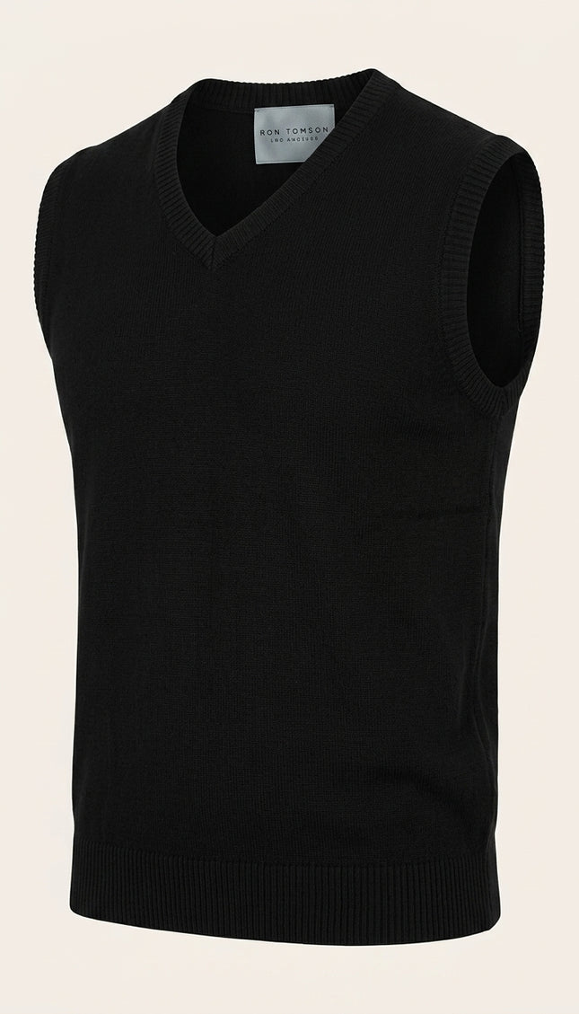 Classic V-Neck Knitted Vest - Black - Front