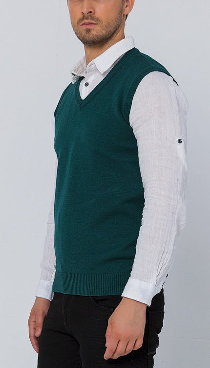 Classic V - Neck Knitted Vest - Green - Ron Tomson