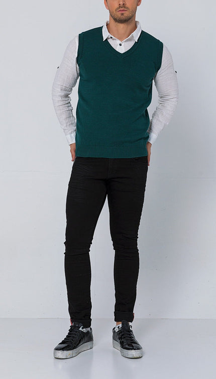 Classic V - Neck Knitted Vest - Green - Ron Tomson