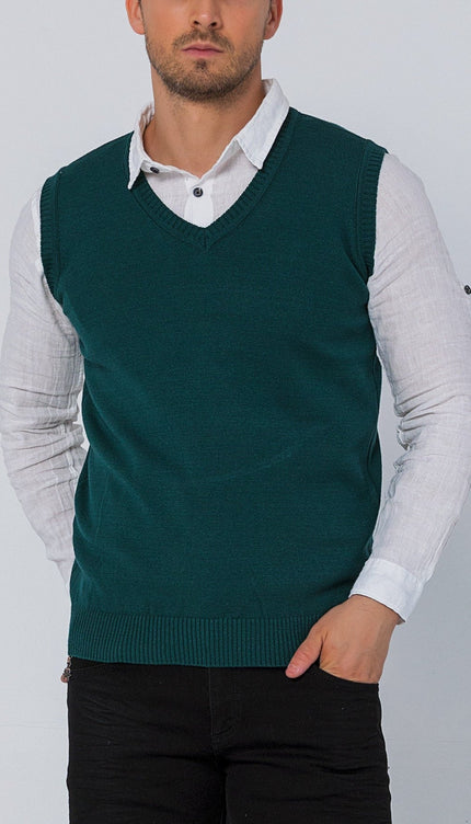 Classic V - Neck Knitted Vest - Green - Ron Tomson