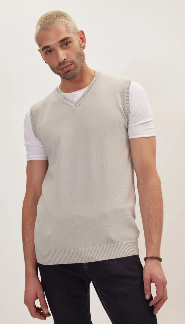 Classic V-Neck Knitted Vest - Grey - Ron Tomson