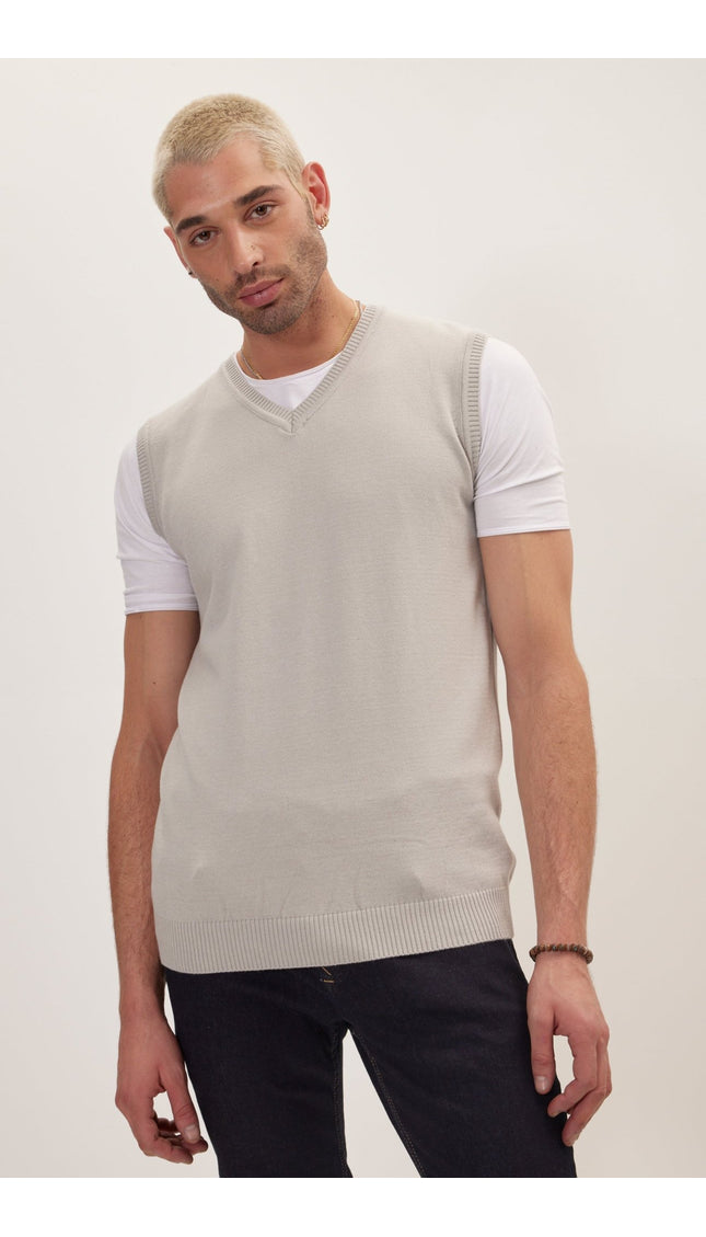 Classic V-Neck Knitted Vest - Grey - Ron Tomson