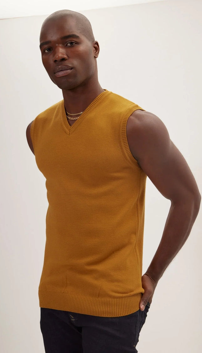 Classic V-Neck Knitted Vest - Mustard - Ron Tomson