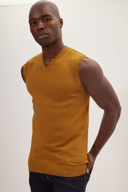 Classic V-Neck Knitted Vest - Mustard - Ron Tomson