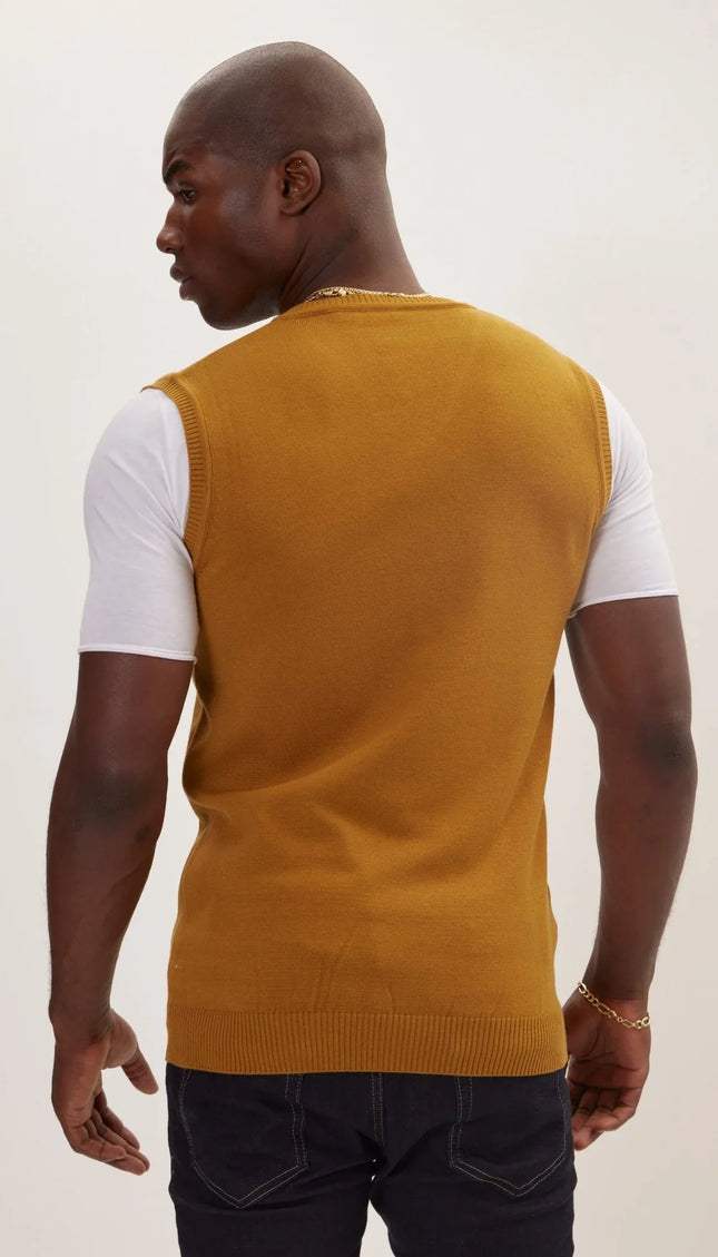 Classic V-Neck Knitted Vest - Mustard - Ron Tomson