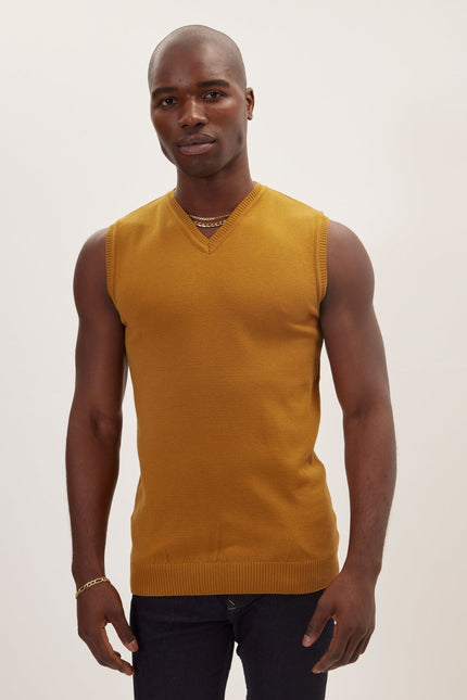 Classic V-Neck Knitted Vest - Mustard - Ron Tomson