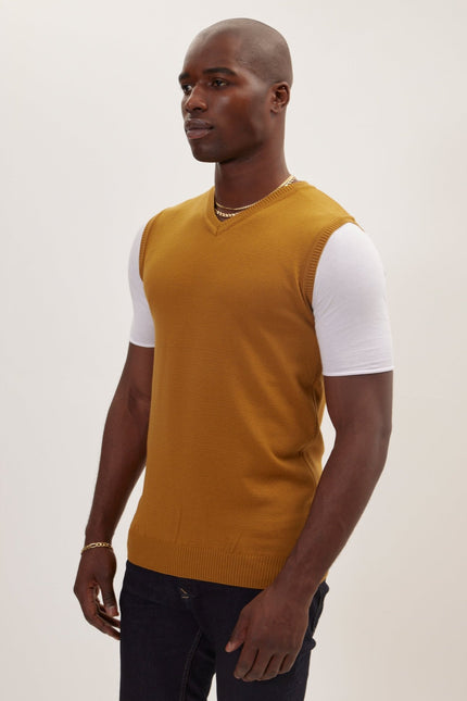 Classic V-Neck Knitted Vest - Mustard - Ron Tomson