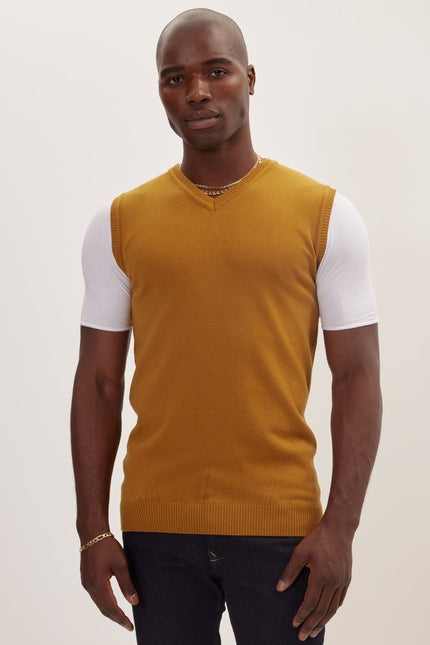 Classic V-Neck Knitted Vest - Mustard - Ron Tomson