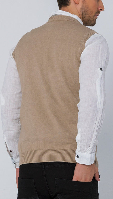 Classic V - Neck Knitted Vest - Stone - Ron Tomson