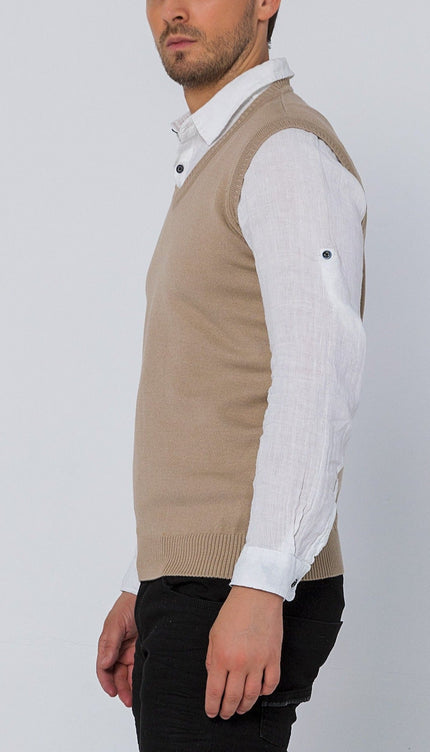 Classic V - Neck Knitted Vest - Stone - Ron Tomson