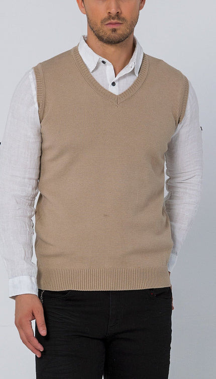 Classic V - Neck Knitted Vest - Stone - Ron Tomson