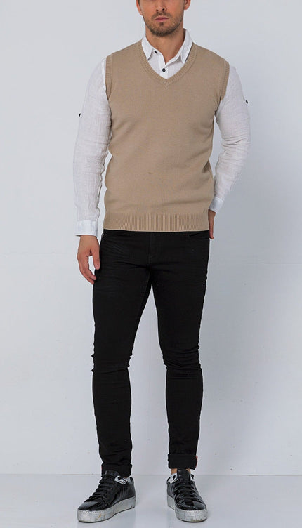 Classic V - Neck Knitted Vest - Stone - Ron Tomson