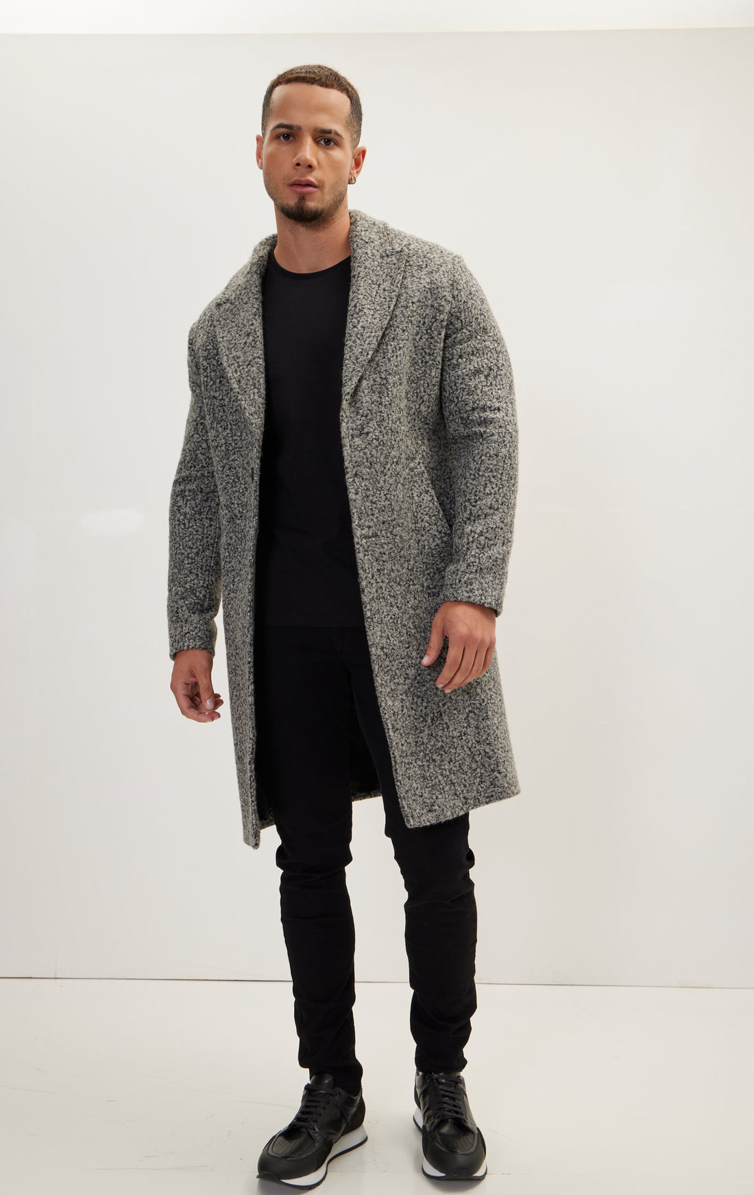 Long Fitted Boucle Pea Coat With Notch Lapel - Anthracite