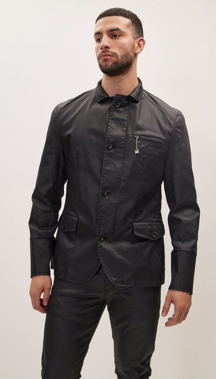 Coated Multi - Pocket Safari Jacket - Black - Ron Tomson