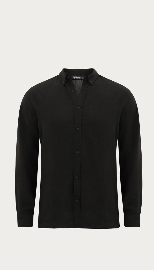 Collar Button Relaxed Fit Shirt - Black - Ron Tomson