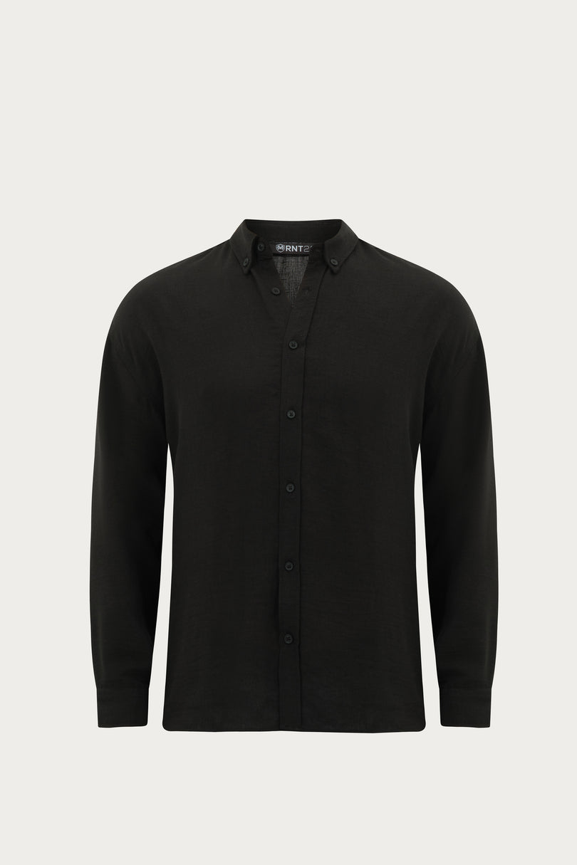 Collar Button Relaxed Fit Shirt - Black - Ron Tomson