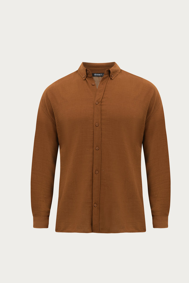 Collar Button Relaxed Fit Shirt - Brown - Ron Tomson