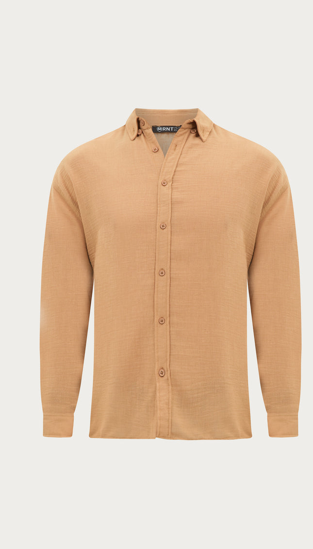 Collar Button Relaxed Fit Shirt - Camel - Ron Tomson