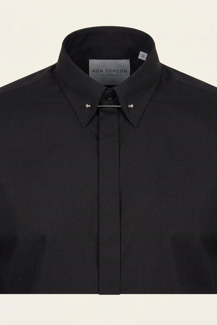 Collar Pin Hidden Placket Dress Shirt - Jet Black - Detail