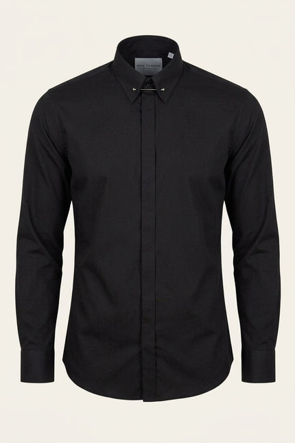 Collar Pin Hidden Placket Dress Shirt - Jet Black - Front