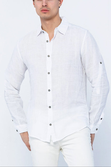 Collard Linen Shirt - White - Ron Tomson